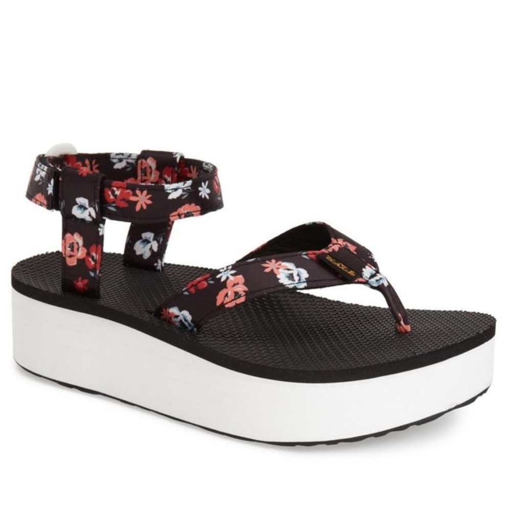 New Teva Black Floral Platform Sandals